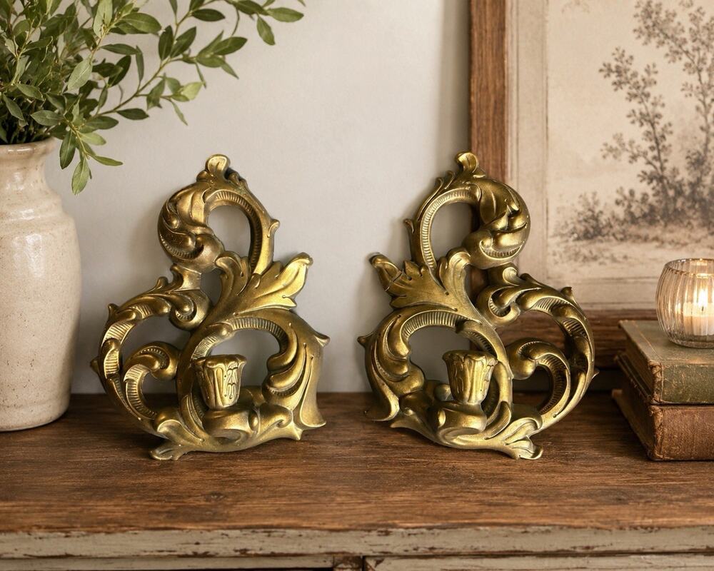 Vintage Holland Mold Gold Tone Metal Wall Candle Sconces Pair Ornate Baroque